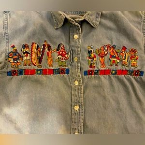 Native American Long Sleeve Denim Shirt: Vintage- Beautiful Embroidery
